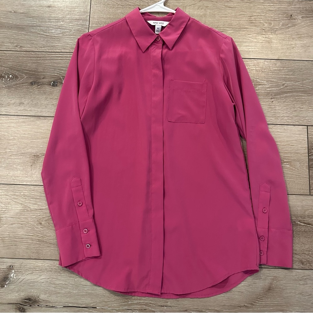 Nine West Dark Pink Button Down Oversized Shirt Portofino Long Sleeve Top XS